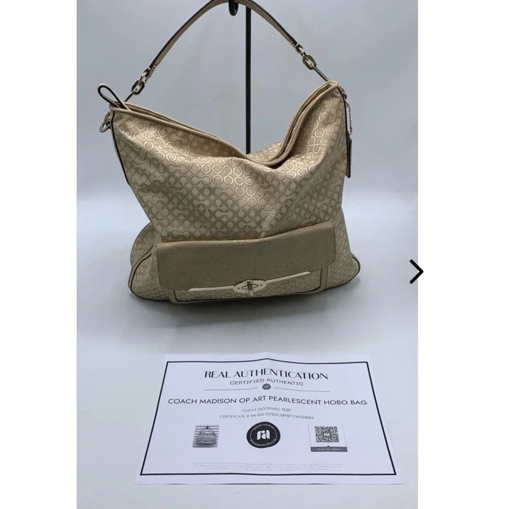Coach Madison Signature OP Art 2 Way Beige Canvas Turnlock Zipper Shoulder Bag
